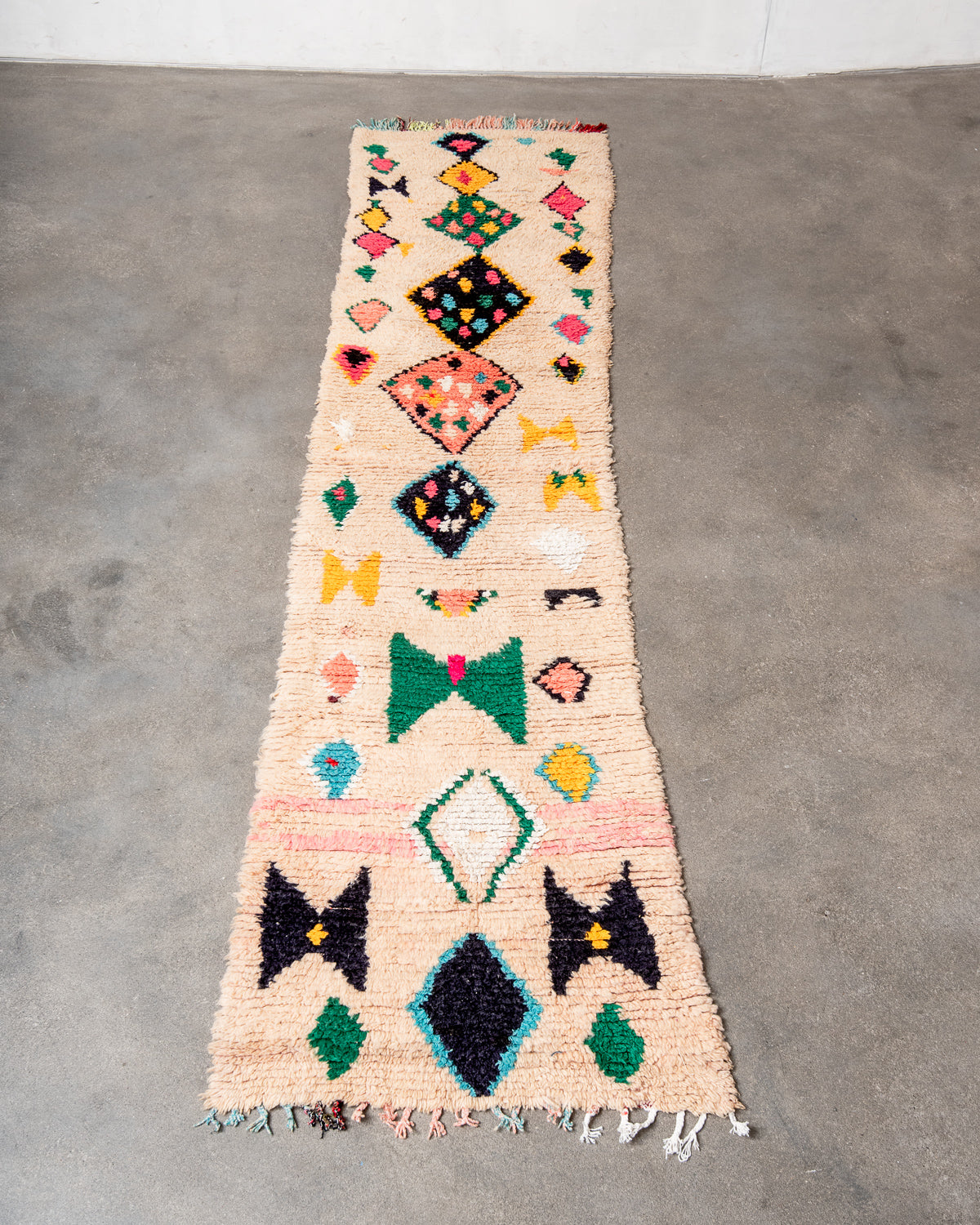 Modern, designer, handcrafted Berber runner rug from Morocco. Vintage carpet with beautiful colours and patterns and fluffy texture.